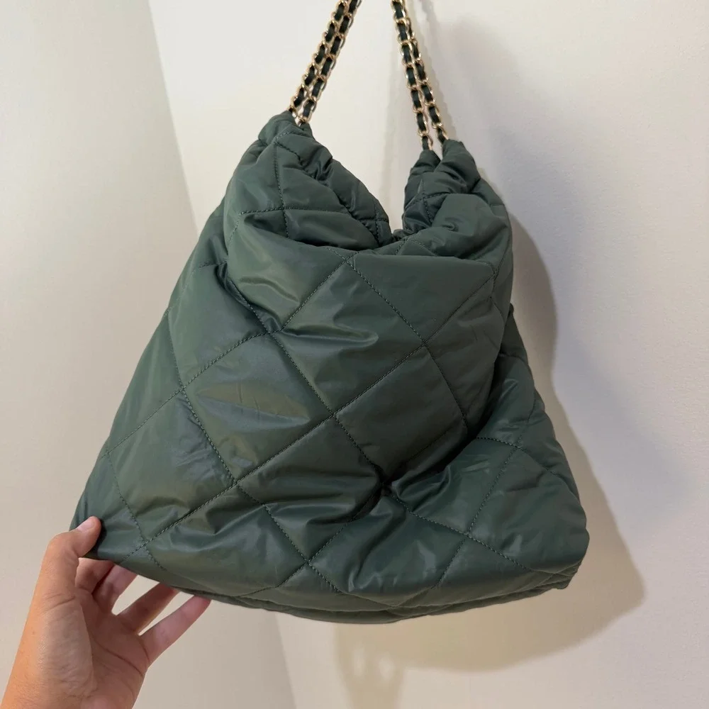 Quilted Puffer Chain Hobo Bag Olive Green Pillow Shoulder Bag  Y2K Luxury